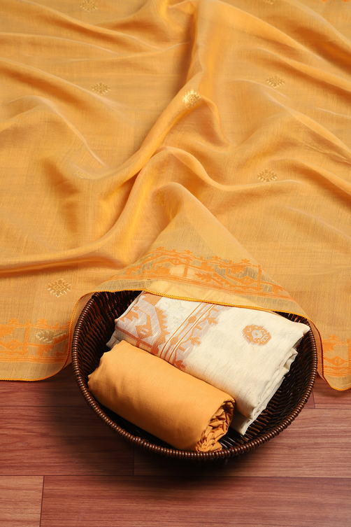 Beige and Yellow Chanderi Handloom Unstitched Suit Set image number 0