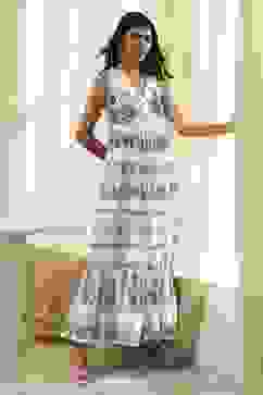 Off-White and Blue Cotton Floral Tiered Dress image number 0