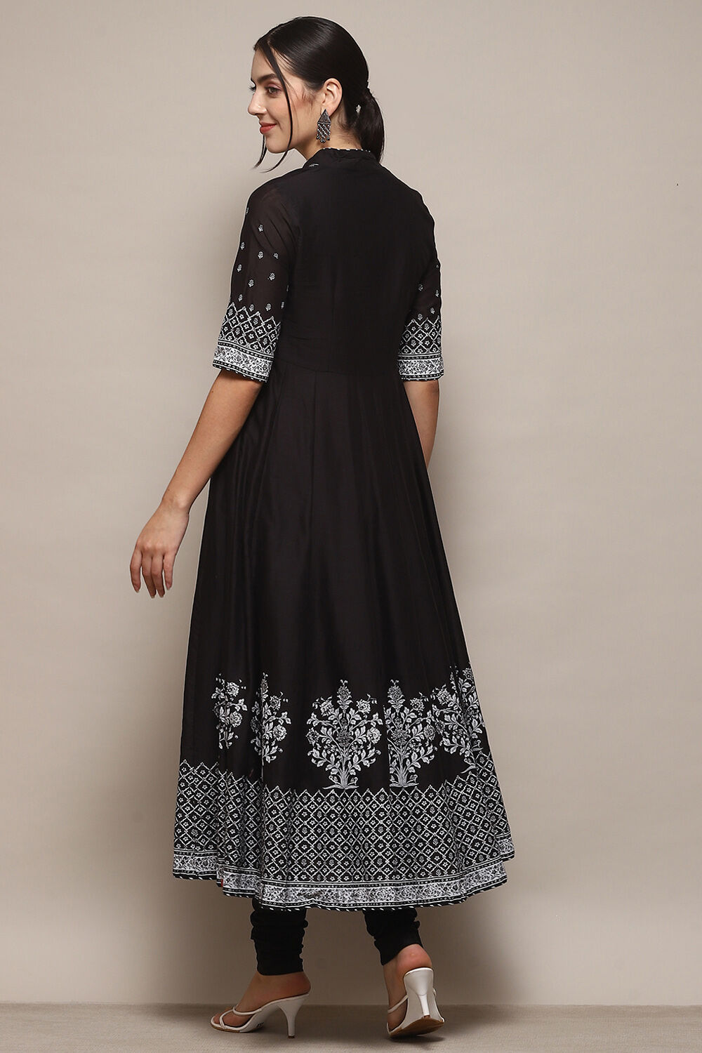 Black Cotton Anarkali Printed Kurta Churidar Suit Set image number 5