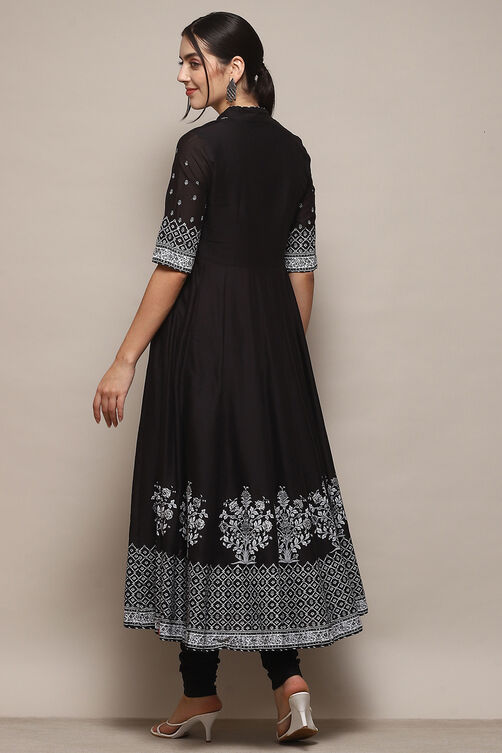 Black Cotton Anarkali Printed Kurta Churidar Suit Set image number 5