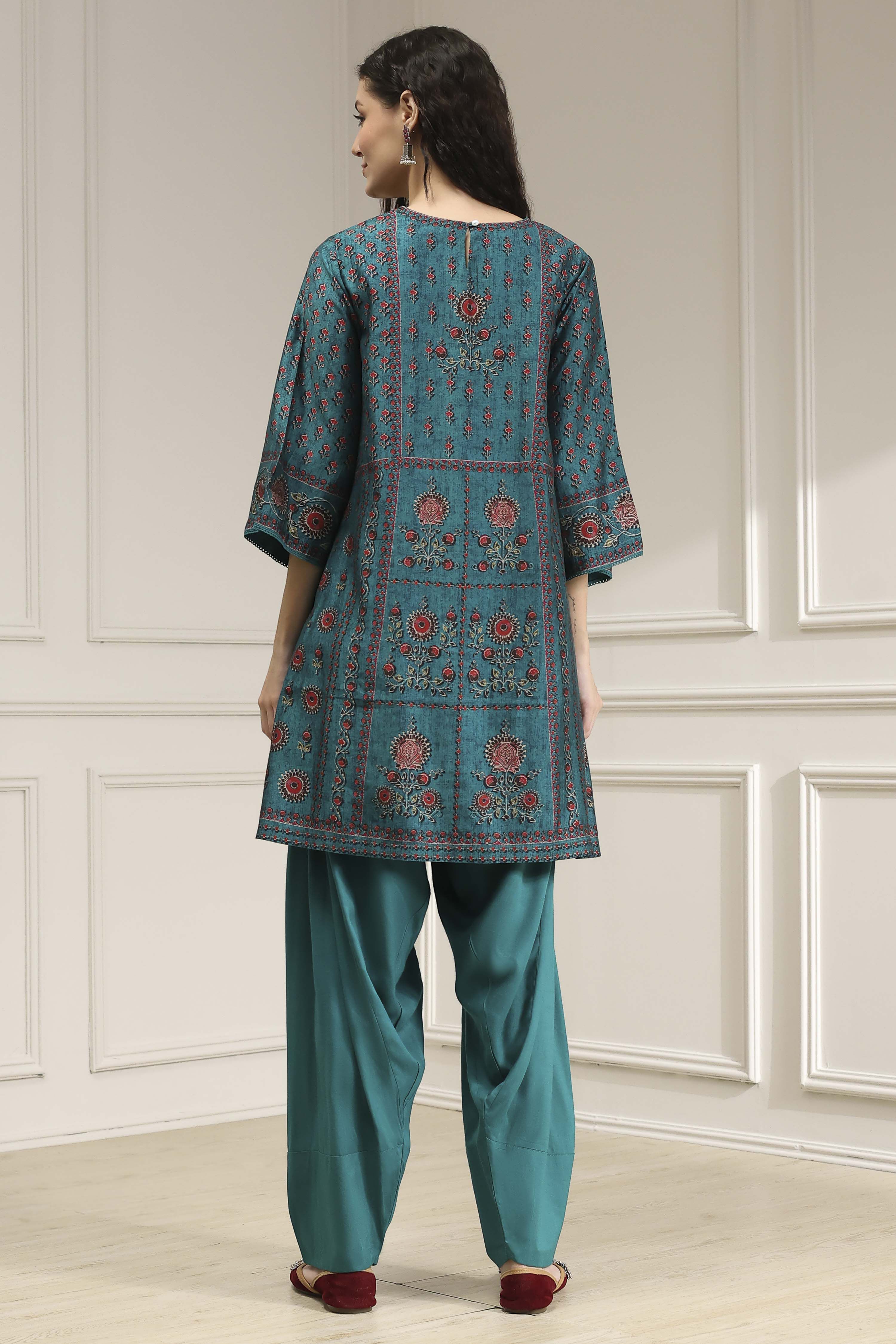 Teal Printed Straight Suit Set image number 4
