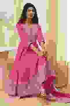 Pink Cotton Embroidered Anarkali Suit Set image number 0