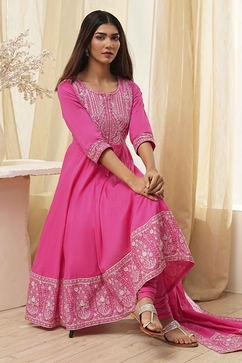 Pink Cotton Embroidered Anarkali Suit Set image number 0