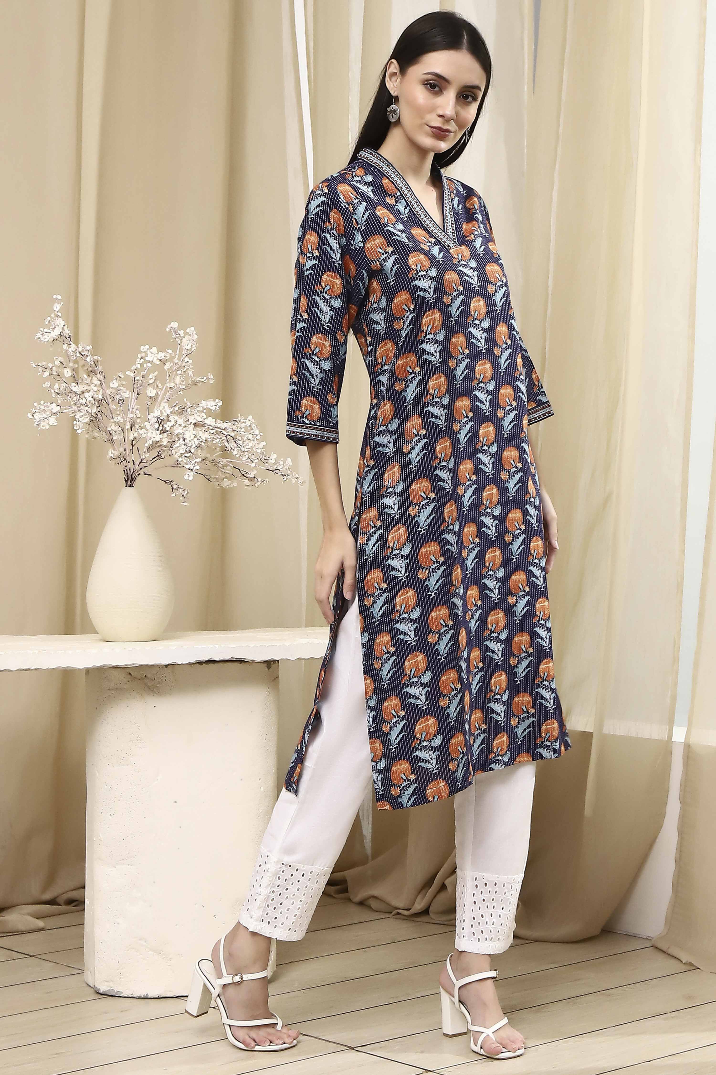 Blue Cotton Printed Straight Kurta image number 4
