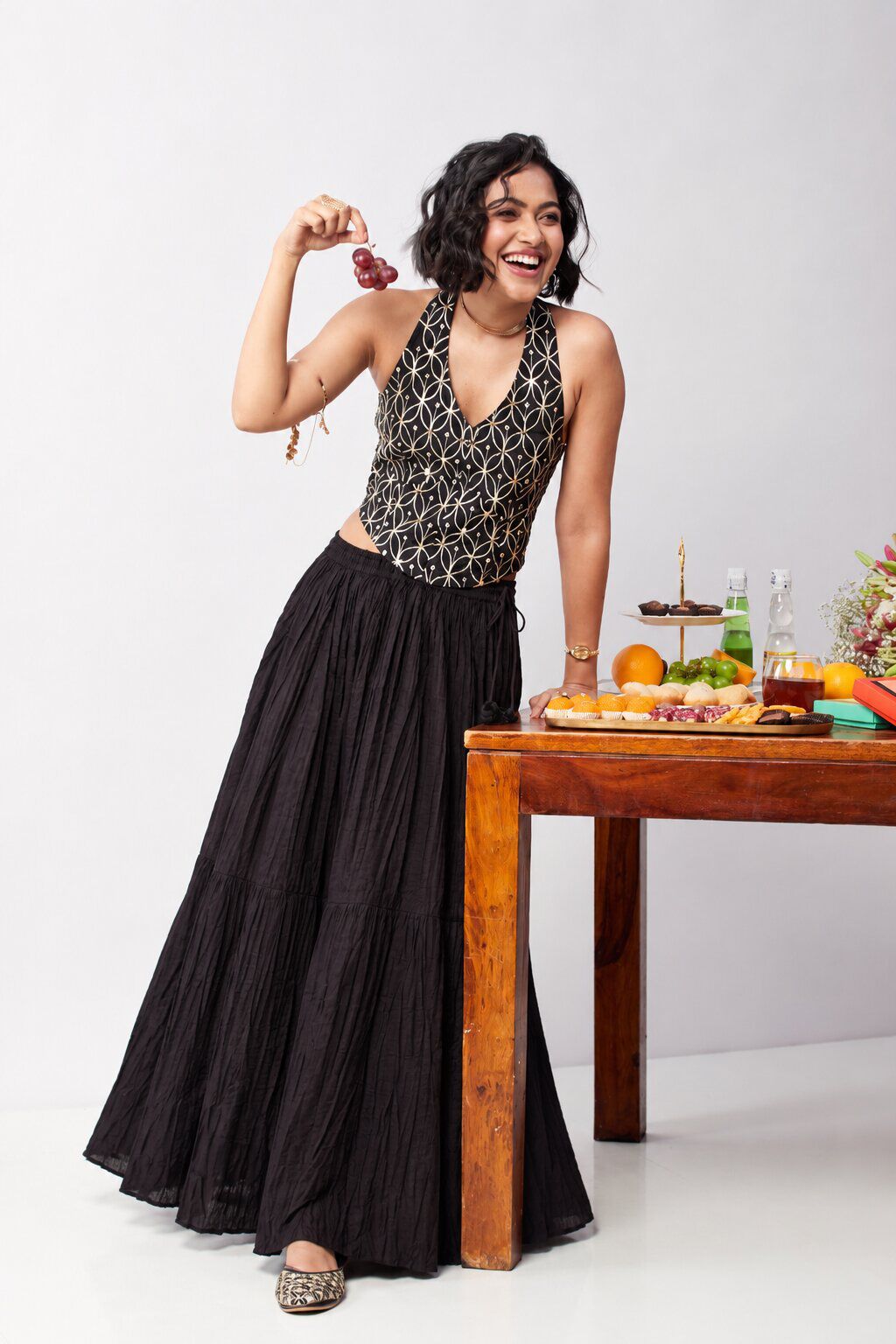 Black Cotton Solid Crinkled Maxi Skirt image number 0