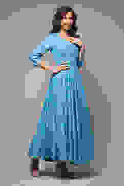 Turquoise Cotton Straight Printed Dress image number 4