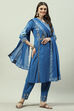 Blue Cotton Kalidar Kurta Relaxed Pants Suit Set image number 3