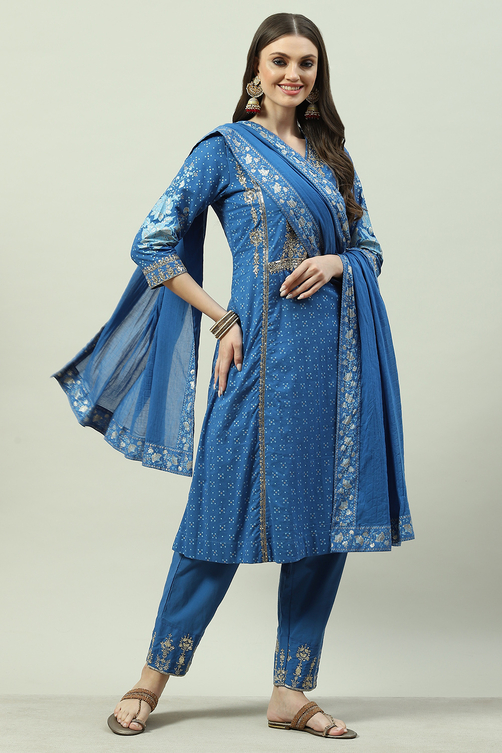Blue Cotton Kalidar Kurta Relaxed Pants Suit Set image number 3
