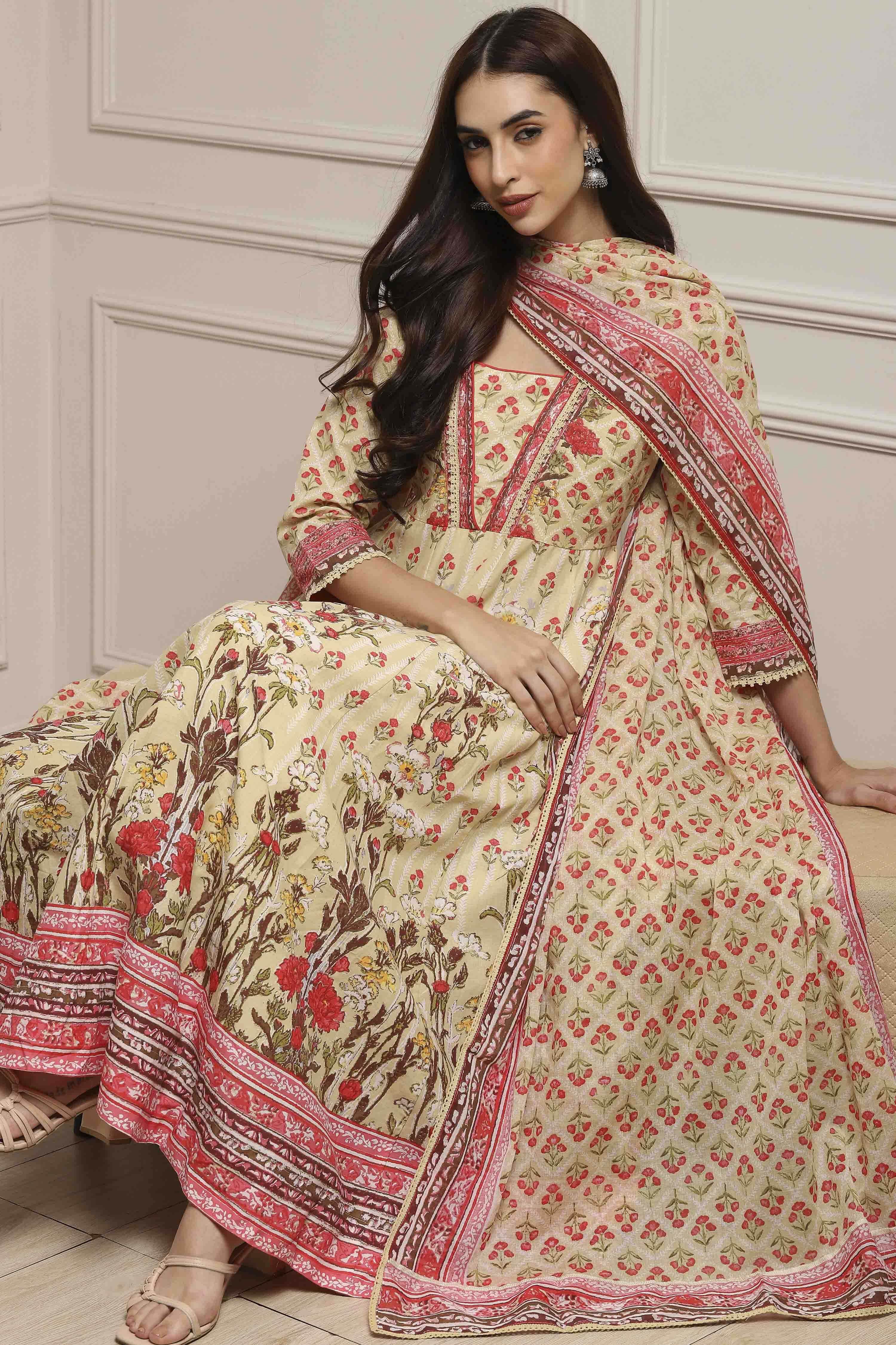 Off-White and Pink Cotton Printed Anarkali Suit Set image number 0
