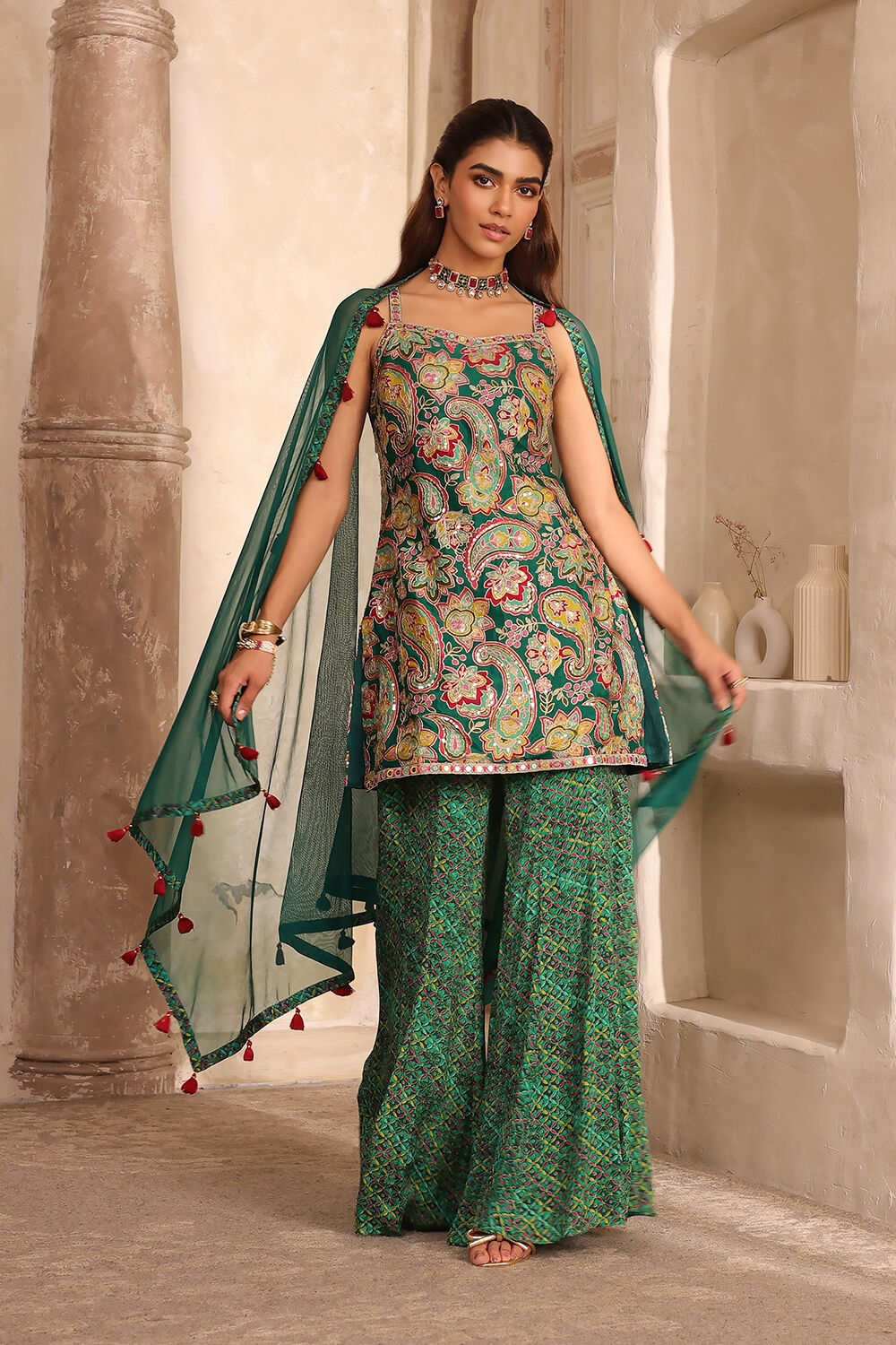Green Viscose Chinon Printed Straight Suit Set image number 0