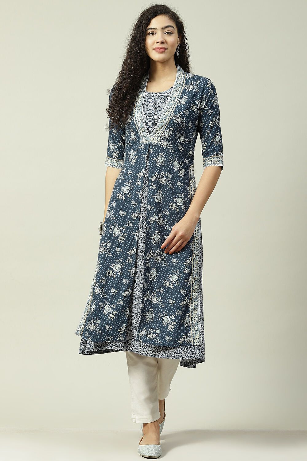 Navy LIVA A-Line Double Layered Printed Kurta image number 0