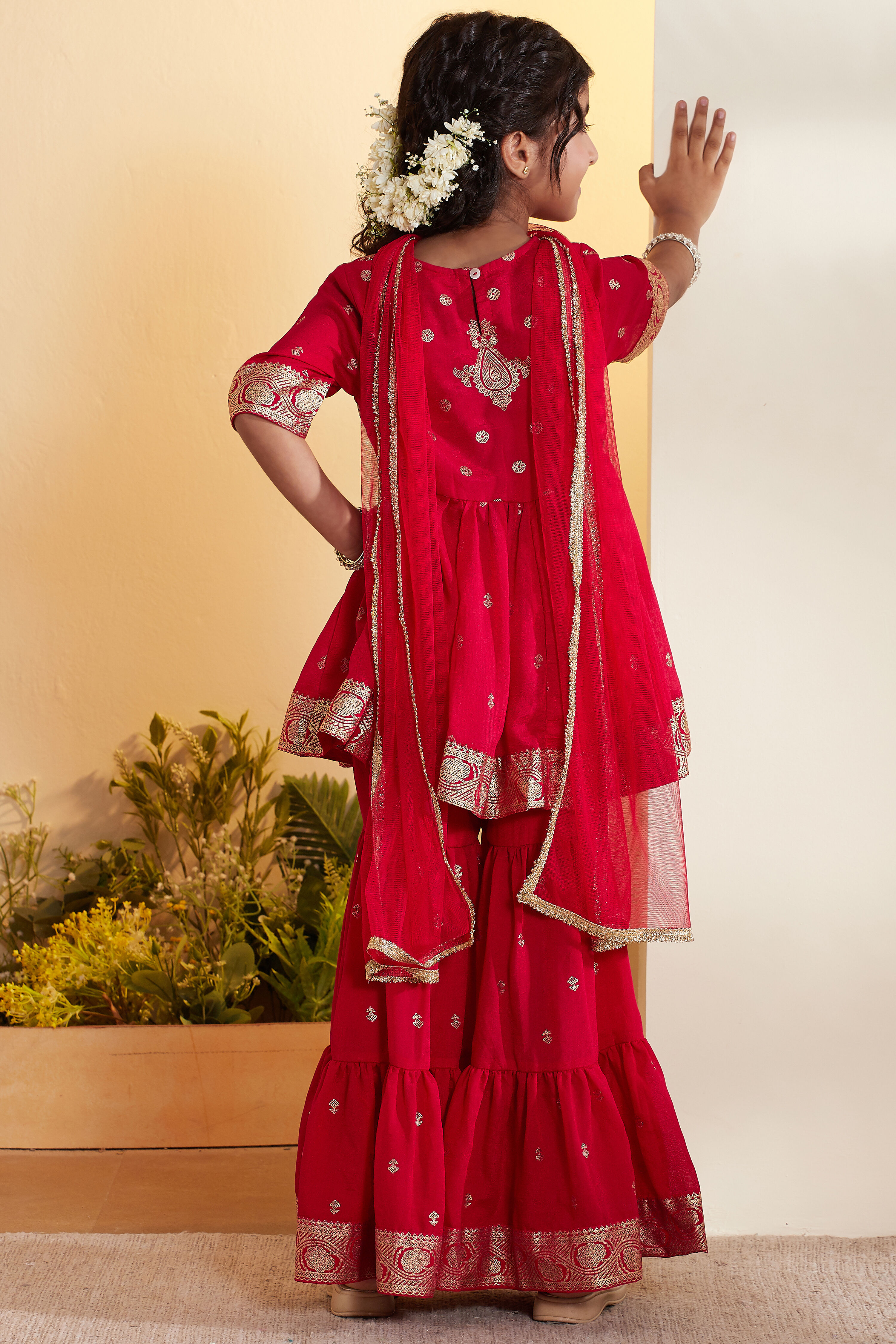 Red Ethnic Motifs Garara Kurta Set image number 5