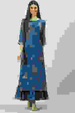 Navy Poly Cotton Flared Printed Dress image number 7