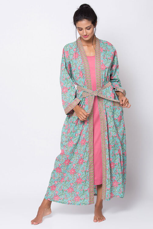 Teal And Pink Cotton Printed Sleepwear Robe image number 2