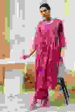 Pink Cotton Printed Pleated Kurta Set image number 0