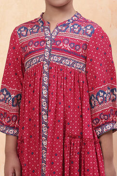Pink Bandhani Printed Flared Tiered Dress image number 1