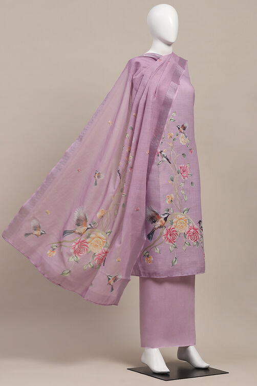 Blue Linen Printed Unstitched Suit Set image number 4