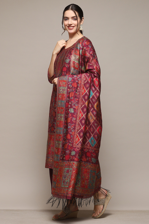 Wine Cotton Straight Yarndyed Kurta Palazzo Suit Set image number 4