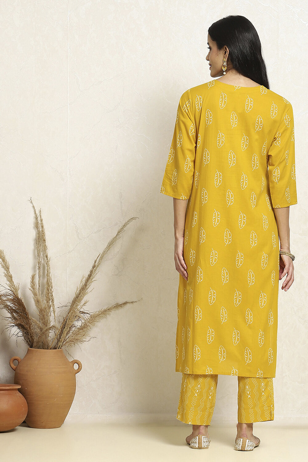 Mustard Yellow Cotton Printed Unstitched Suit Set image number 5
