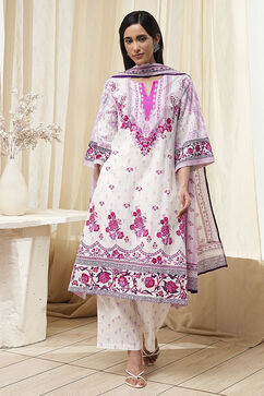 White and Pink Cotton Printed Straight Suit Set image number 6