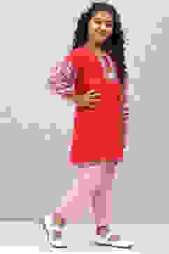 Red Rayon Flared Printed Kurta Set image number 5