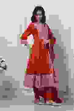 Red Cotton Kalidar Suit Set image number 5