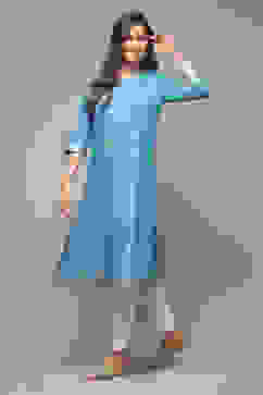 Ink Blue Cotton Straight Printed Kurta image number 0