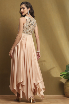 Beige Silk Chanderi Embroidered Asymmetric Suit Set image number 4