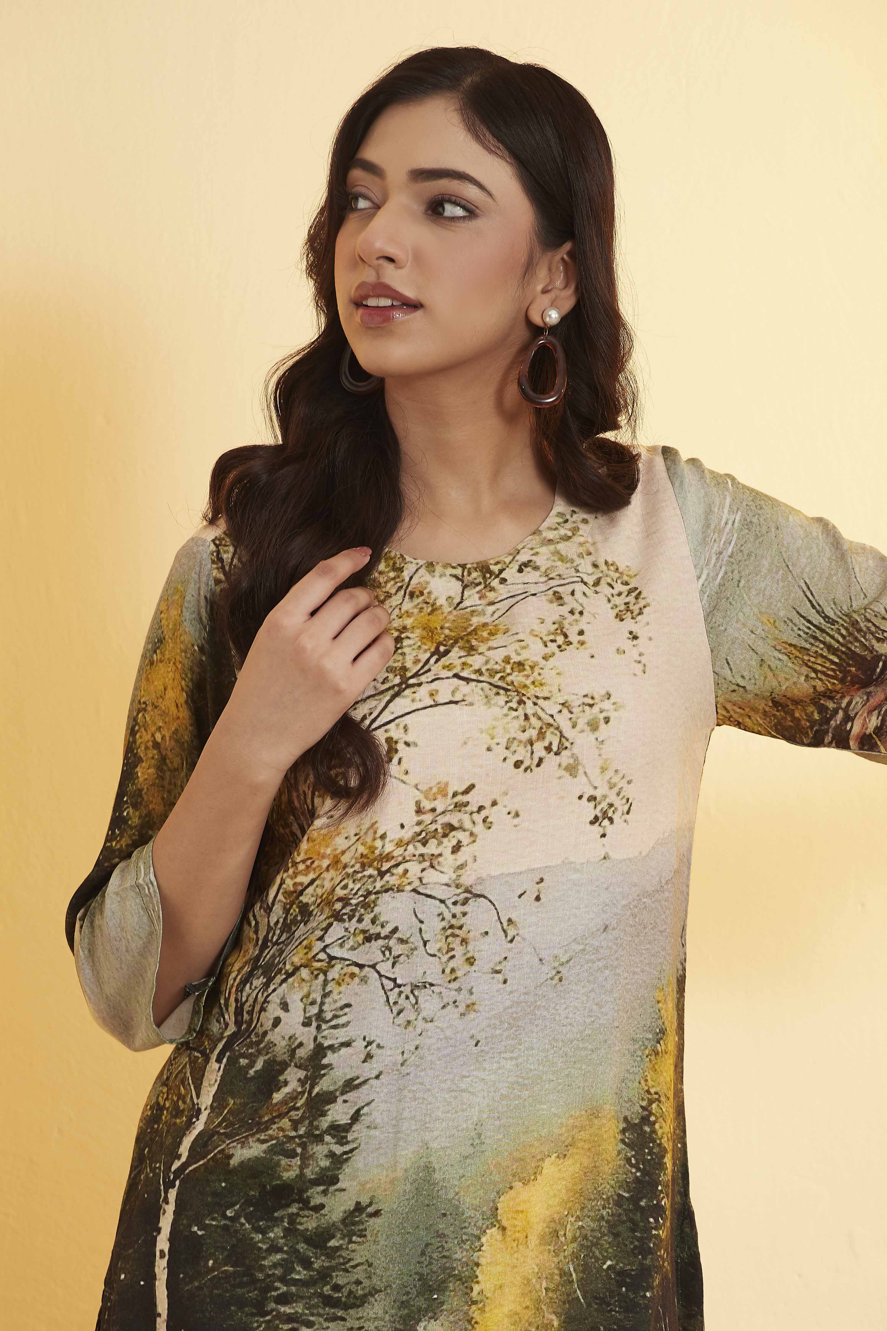Beige Rayon Slub Straight Kurta Pants Set image number 1