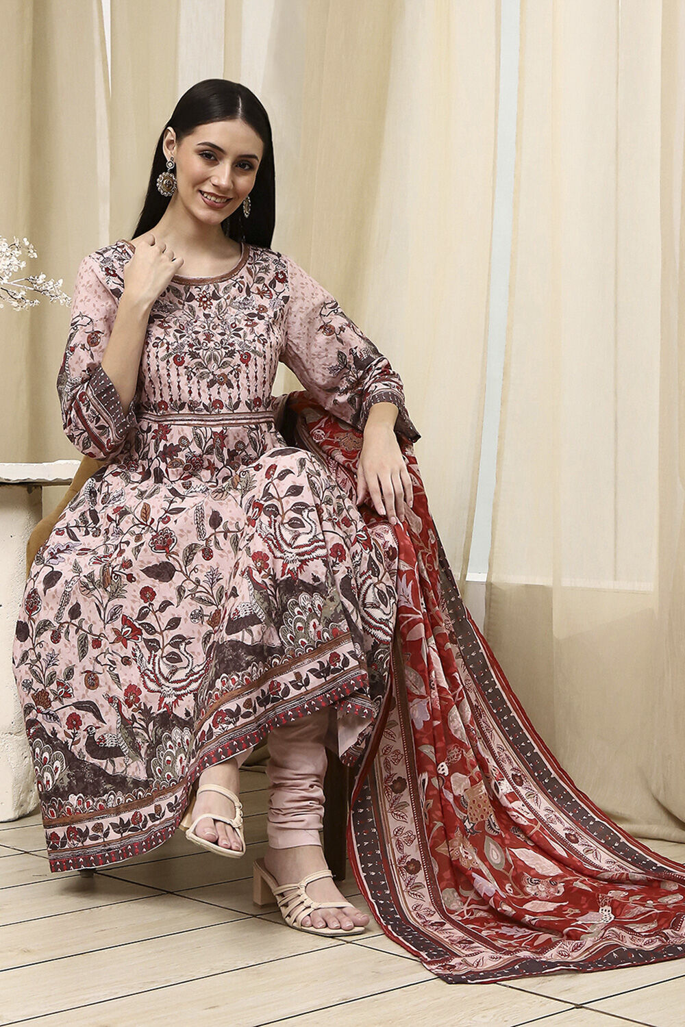 Beige Cotton Anarkali Printed Kurta Suit Set image number 7