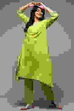 Lime Green Rayon Asymmetric Kurta Pants 2 Piece Set image number 0