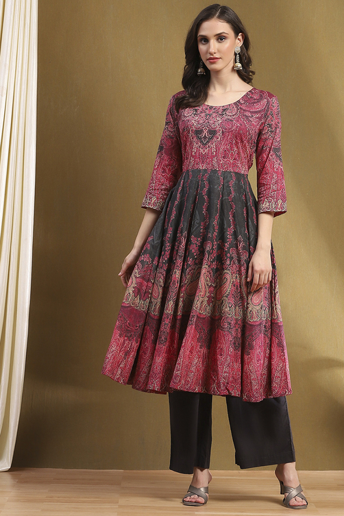 Charcoal and Pink Cotton Printed Anarkali Suit Set image number 6
