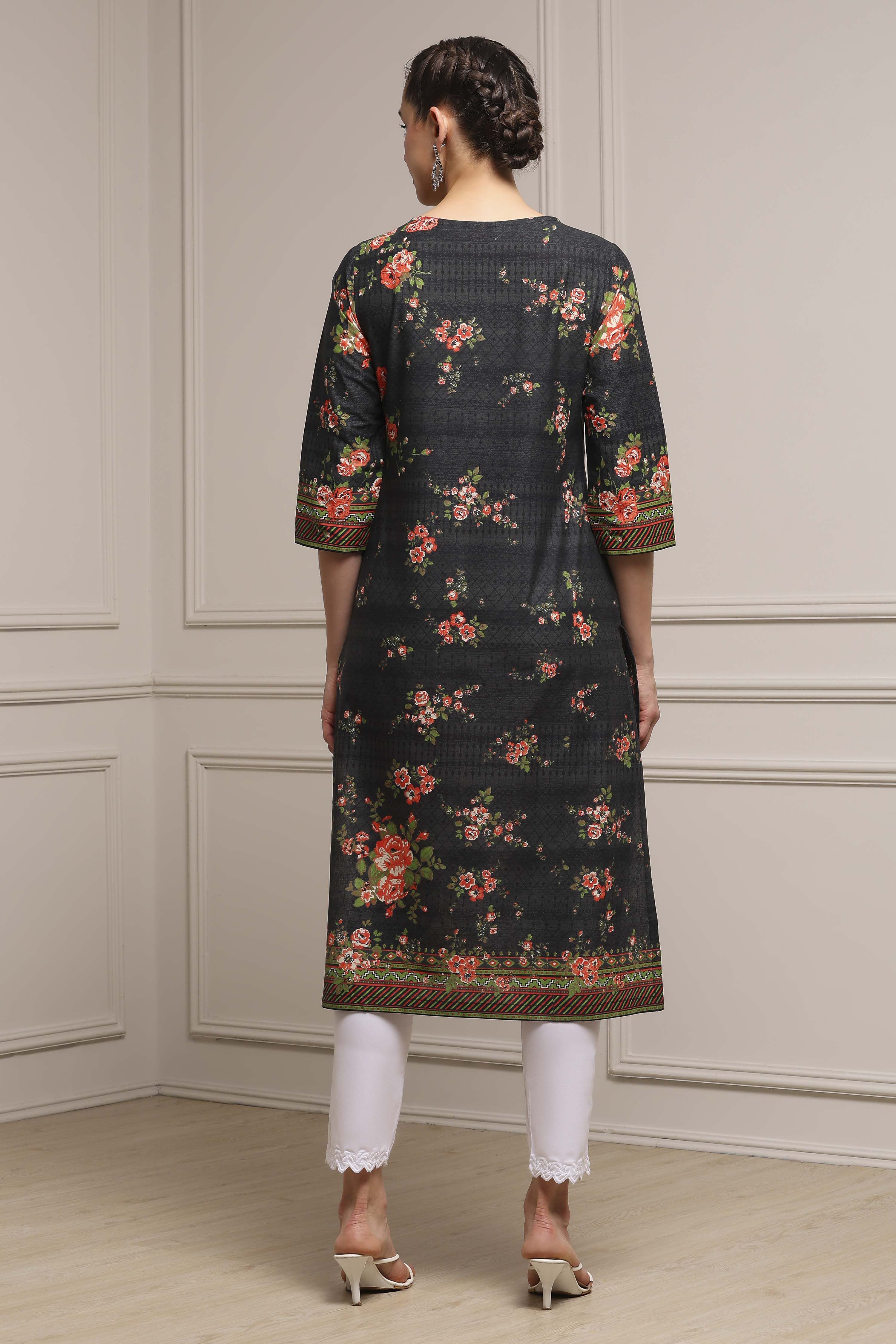 Black Cotton Floral Printed Straight Kurta image number 3
