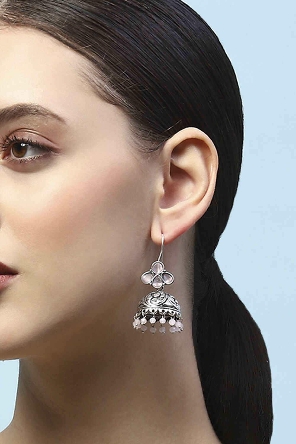 Light Pink Oxidised Stone Studded Jhumkas image number 3