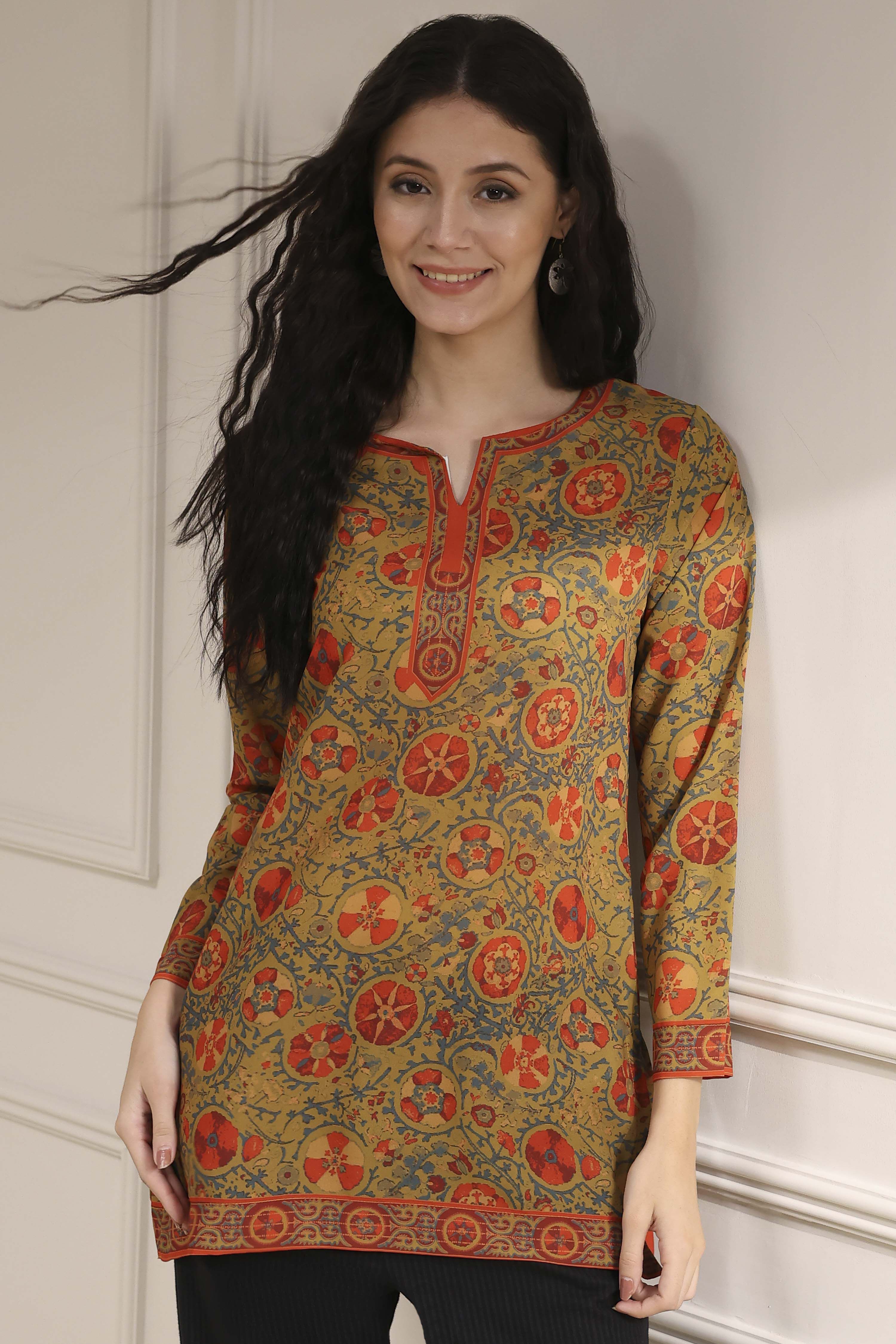 Mustard Red Polyester Straight Printed Short Kurta image number 0