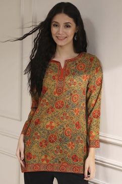 Mustard Yellow & Red Printed Short Kurti