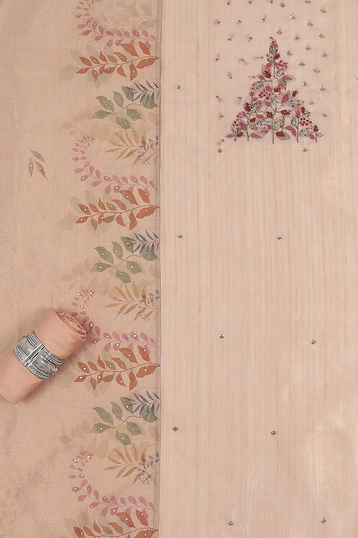 Light Orange Tissue Hand Embroidered Unstitched Suit Set image number 1