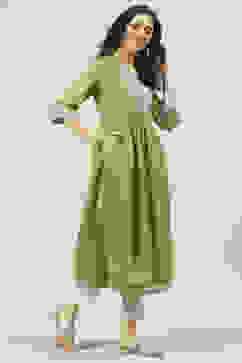 Green Art Silk Flared Printed Kurta image number 3