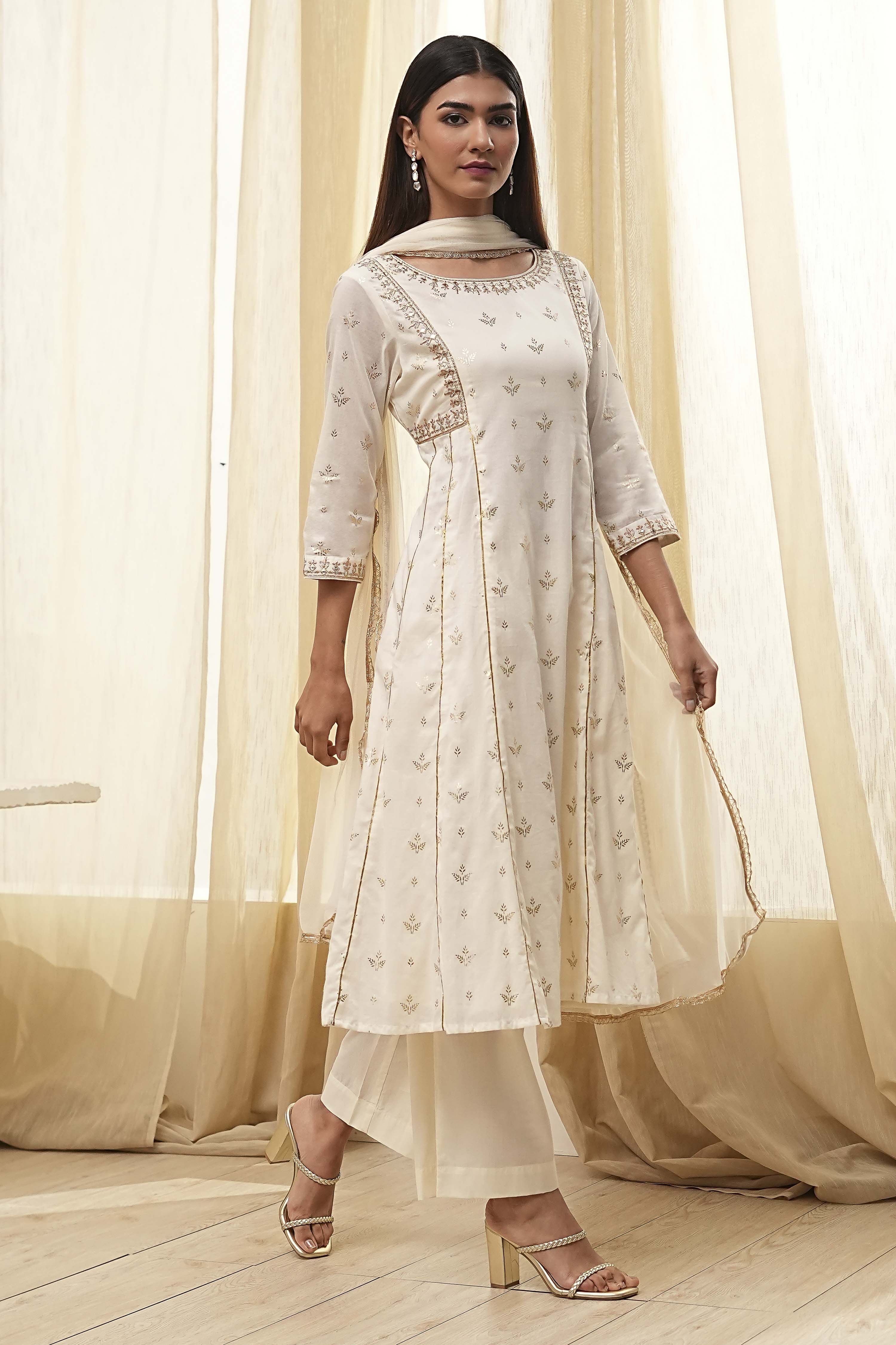 Cream-Colored Cotton Foil Printed Kalidar Suit Set image number 5