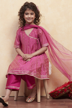 Pink Yarn Dyed Angrakha Anarkali Suit Set image number 0