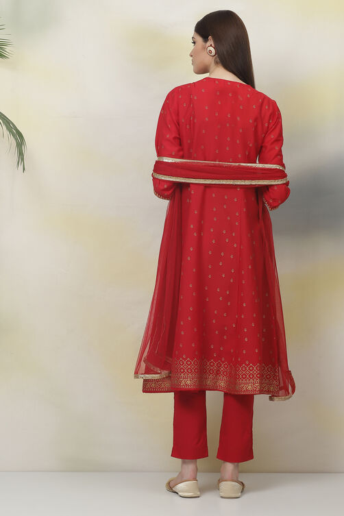 Red Art Silk A-Line Kurta Slim Pant Suit Set image number 7