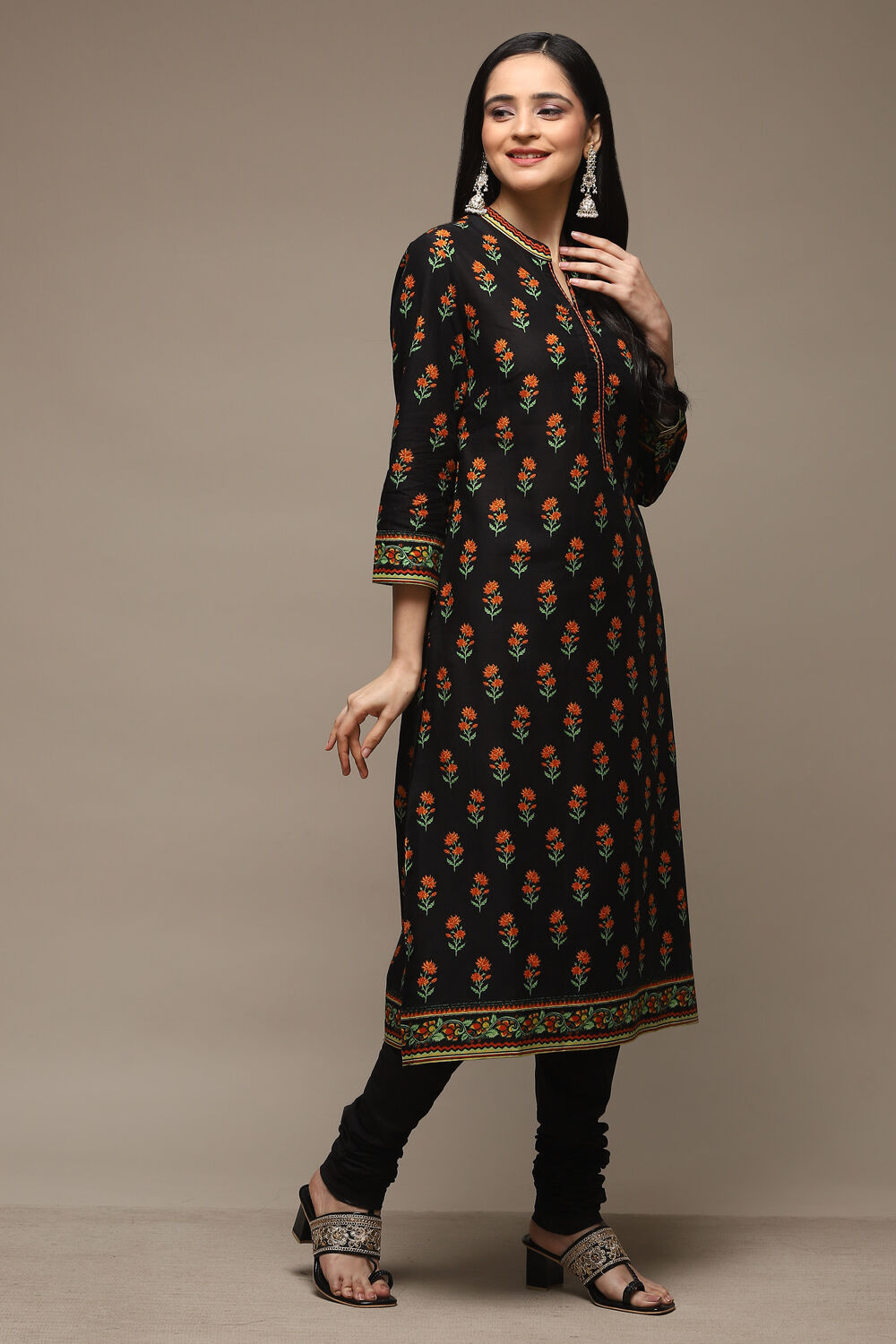 Black Cotton Straight Kurta Churidar Suit Set image number 5