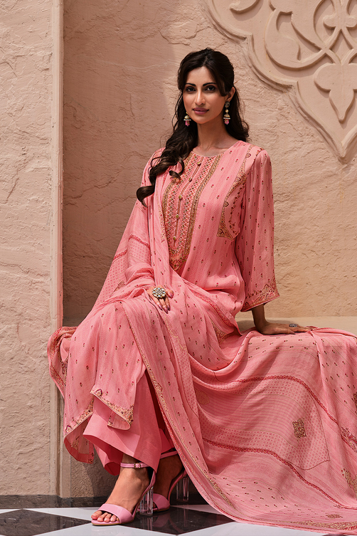 Mustard Cotton Blend Machine Embroidered Unstitched Suit Set image number 0