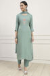 Dull Green Viscose Organza Hand Embroidered Unstitched Suit Set image number 1