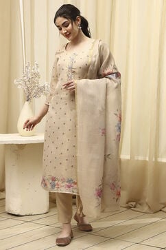 Beige Tissue Printed Unstitched Suit Set image number 4