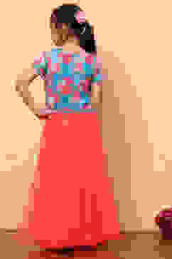 Blue and Pink Floral Festive Flared Lehenga Set image number 4