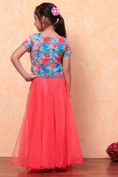 Blue and Pink Floral Festive Flared Lehenga Set image number 4