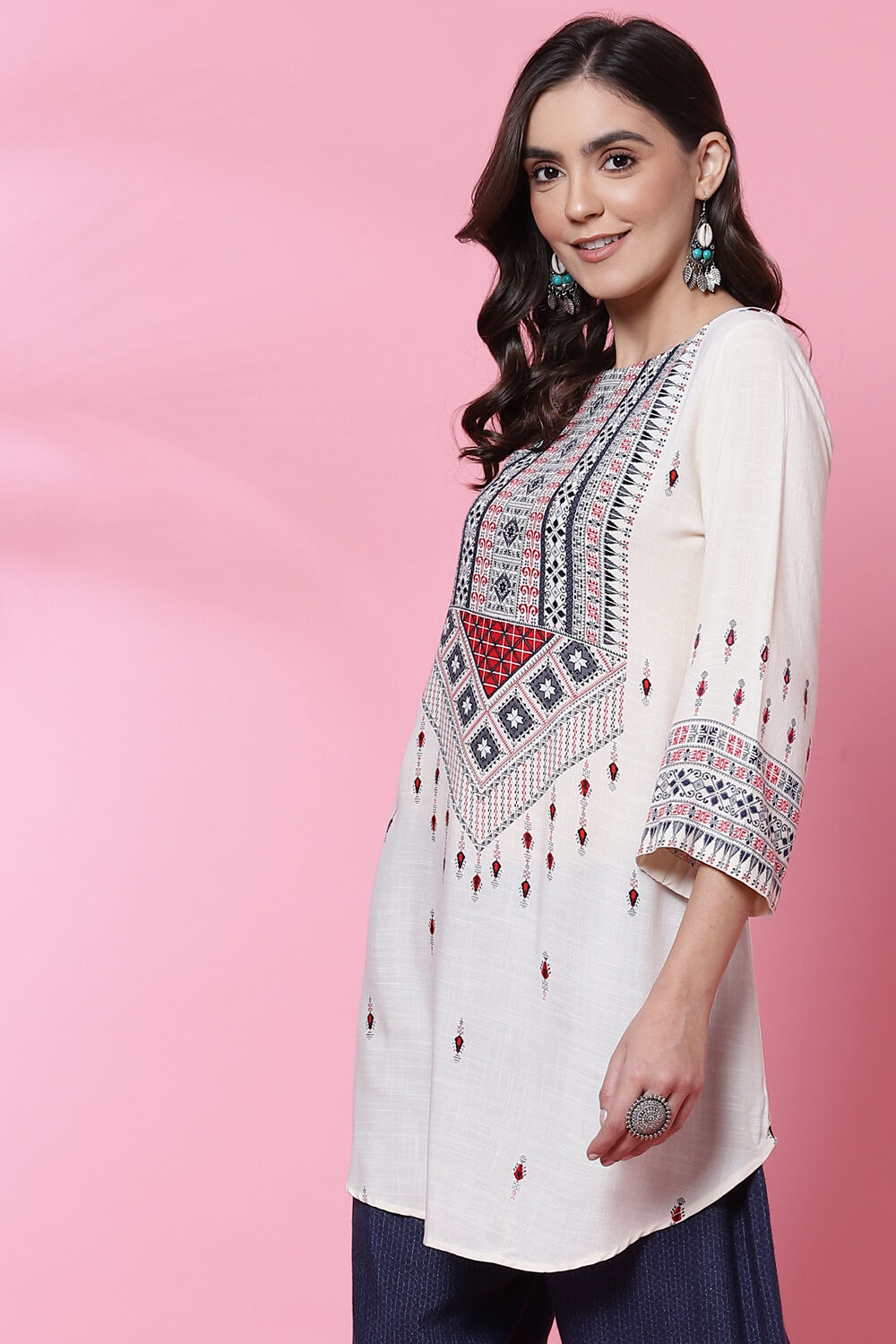 Ecru LIVA Asymmetric Printed Short Kurti image number 2