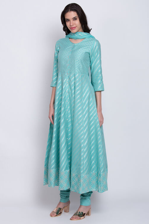 Sky Blue Poly Cotton Anarkali Kurta Churidar Suit Set image number 2