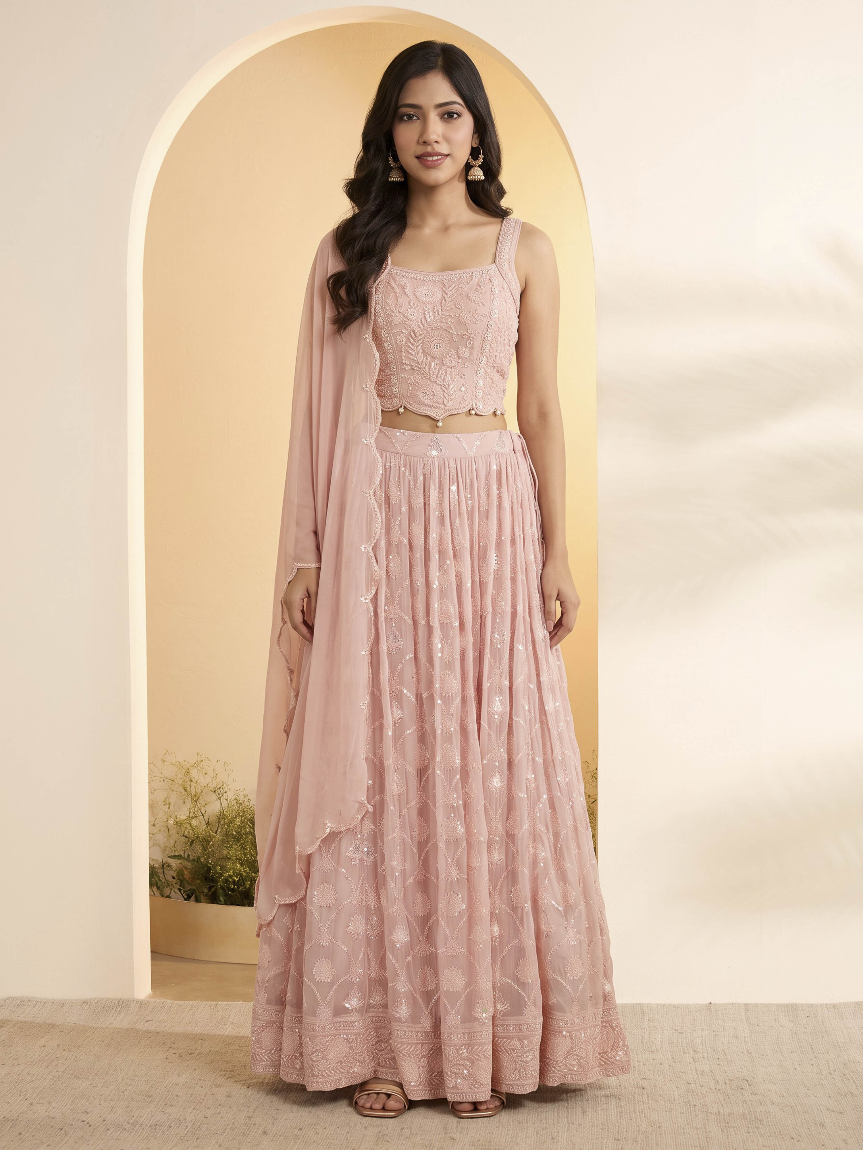 Pink Viscose Rayon Embellished Kalidar Lehenga Set image number 5